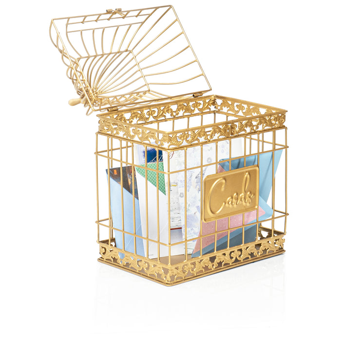 Red Co. 15.5” Tall Rectangular Decorative Lockable Metal Birdcage Wedding Card Holder, Gold