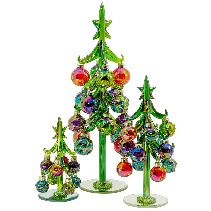 Red Co. Glass Christmas Tree Tabletop Display Decoration with Colorful Ball Ornaments, Holiday Season Decor, Set of 3, 12-inch, 8-inch, 5-inch