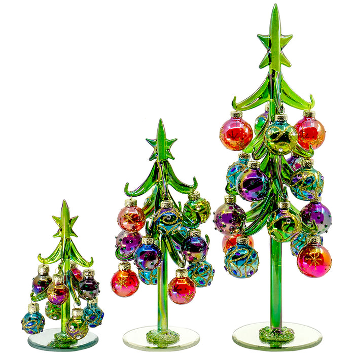 Red Co. Glass Christmas Tree Tabletop Display Decoration with Colorful Ball Ornaments, Holiday Season Decor, Set of 3, 12-inch, 8-inch, 5-inch