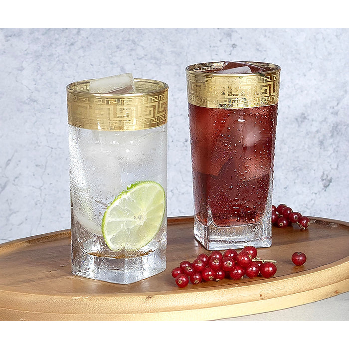 Red Co. Set of 6 Clear Decorated 10 Fl Oz Drinking Glasses with Golden Greek Key Trim – Highball
