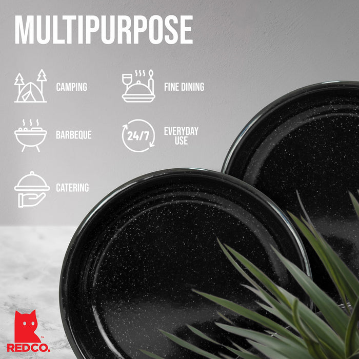 Red Co. Set of 4 Enamelware Metal 10” Round Camping Plates, White-Speckled Black/Black Rim