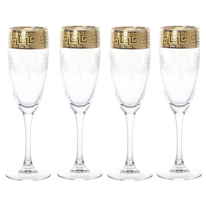 Red Co. Set of 4 Decorated Clear Glass 5.75 Fl Oz Stemmed Champagne Flute Glasses with Golden Greek Key Trim
