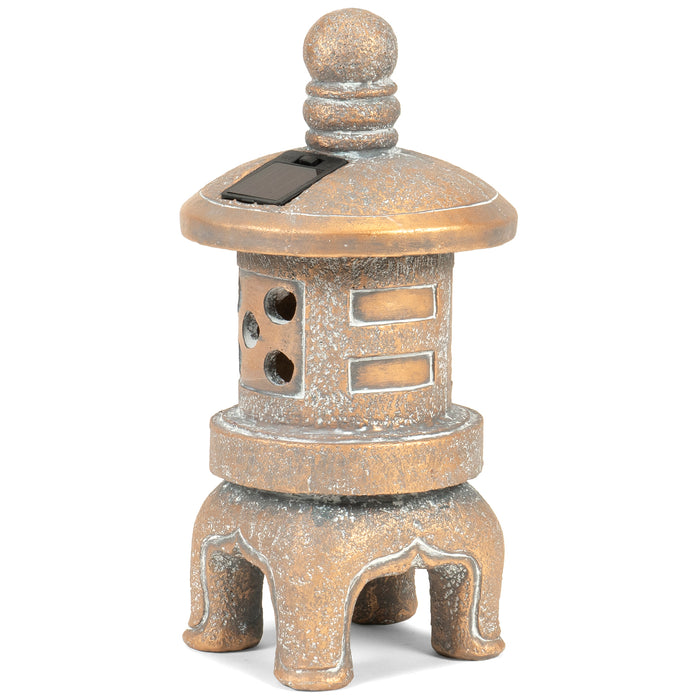 Red Co. 11” Solar-Powered LED Round Pagoda Lantern Asian Décor Zen Garden Statue, Distressed Gold