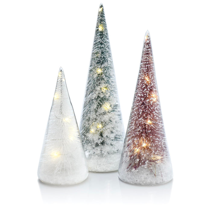 Red Co. Set of 3 (10”, 9”, 7”) Clear Glass Light-Up Decorative Tabletop Christmas Tree Holiday Figurine with LED Lights, Tinsel & Snow