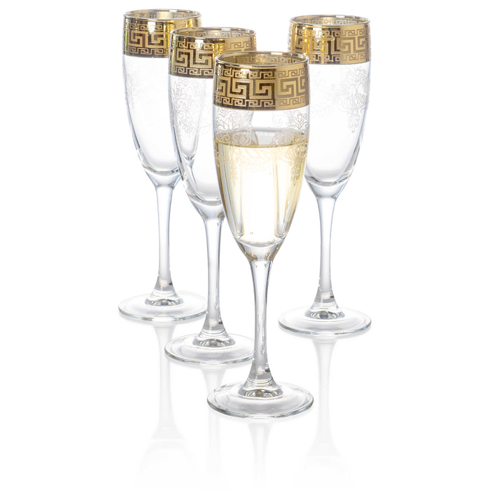 Red Co. Set of 4 Decorated Clear Glass 5.75 Fl Oz Stemmed Champagne Flute Glasses with Golden Greek Key Trim
