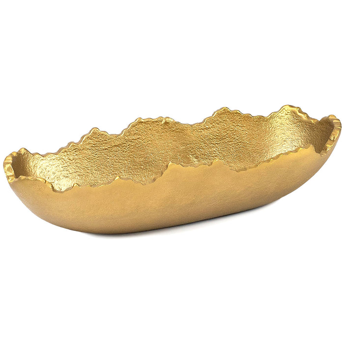 Red Co. 11.5” x 4.5” Elongated Oval Decorative Asymmetrical Torn Textured Metal Centerpiece Tray with Sculpted Edges, Old Gold