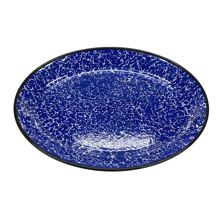 Red Co. Set of 4 Enamelware Metal Classic 13" Serving Oval Tray Platter, Navy Blue Marble/Black Rim - Splatter Design