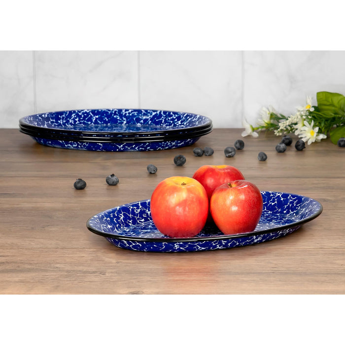 Red Co. Enamelware Metal Classic 13" Serving Oval Tray Platter, Navy Blue Marble/Black Rim - Splatter Design