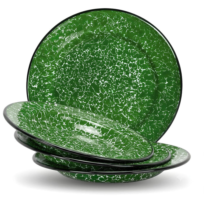 Red Co. Set of 4 Enamelware Metal Classic 8" Round Salad Plate, Dark Green Marble/Black Rim - Splatter Design