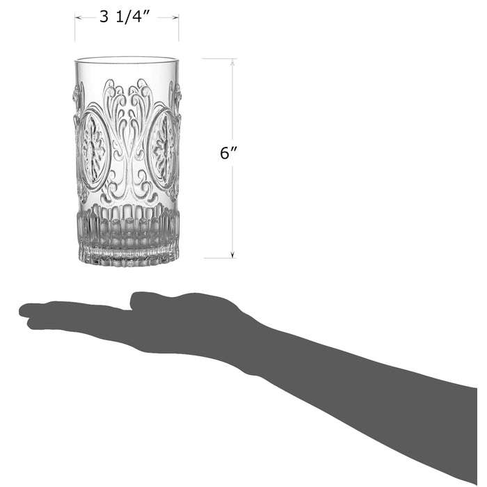 Red Co. Set of 4 Unbreakable Reusable Acrylic Vintage Embossed 20 Fl Oz Highball Tumblers, Clear