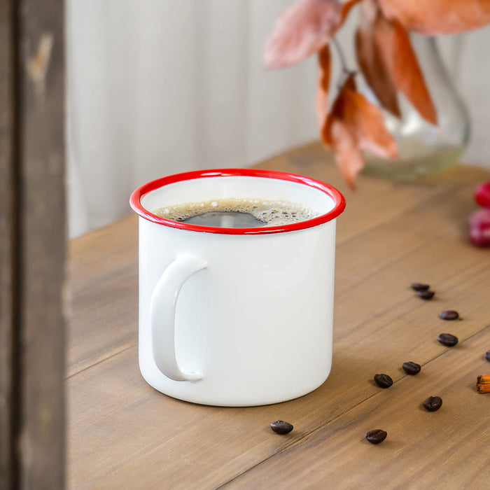 Red Co. Set of 4 Enamelware Metal Large Classic 22 Oz Round Coffee and Tea Mug with Handle, Solid White/Red Rim
