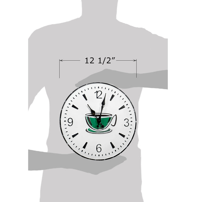 Red Co. 12.5” Round Metal Wall Clock with Embossed Coffee Cup Print, White/Black Rim