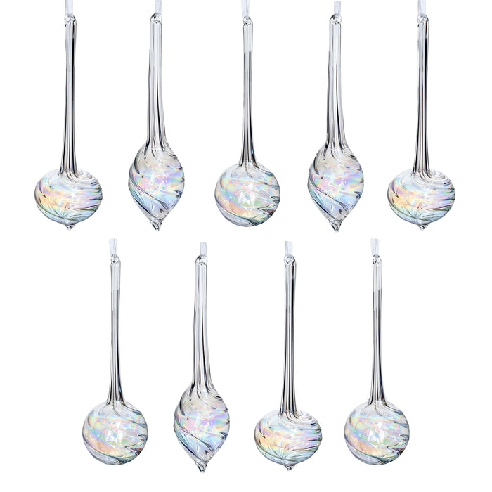 Red Co. 10” Decorative Glass Hanging Christmas Tree Ornaments Set of 9 – Iridescent Clear Olive, Ball & Onion