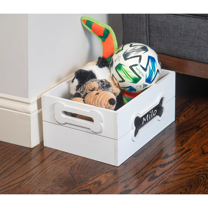 Red Co. 12” x 9” Distressed Wood Crate Dog Toy Storage Box with Handles and Chalkboard, White