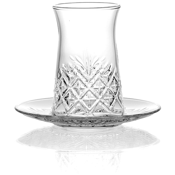 Red Co. Set of 6 Fluted 5.5 Fl Oz Cut Glass Turkish Tea Cups with Saucers, Clear