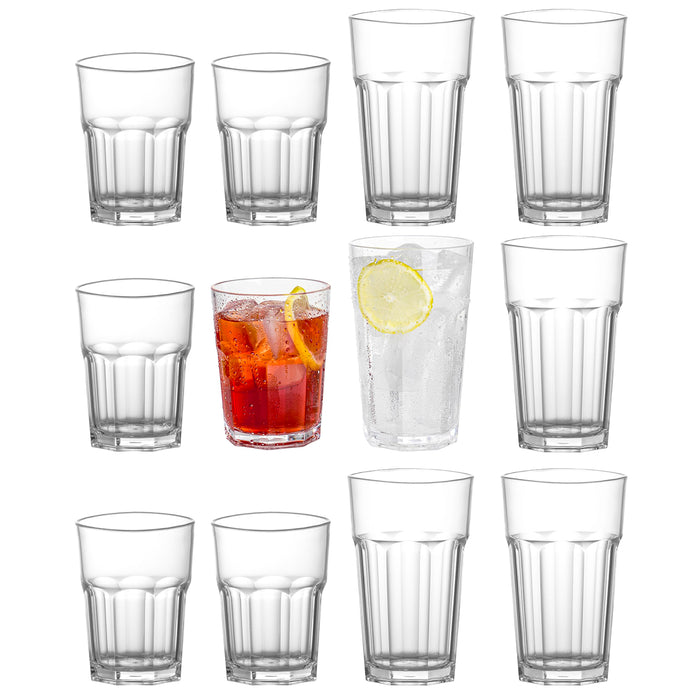 Red Co. Set of 12 Heavy Duty Clear Classic Acrylic Outdoor Mixed Drinkware Rocks Tumblers, 14 Fl Oz Lowball and 20 Fl Oz Highball Glasses