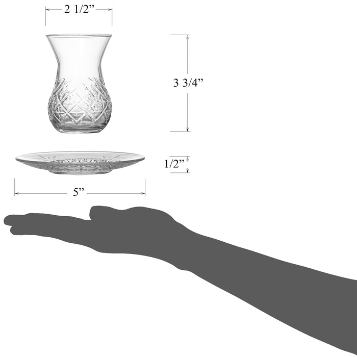 Red Co. Set of 6 Tulip Shaped 6 Fl Oz Cut Glass Turkish Tea Cups with Saucers, Clear