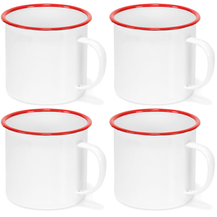 Red Co. Set of 4 Enamelware Metal Large Classic 22 Oz Round Coffee and Tea Mug with Handle, Solid White/Red Rim