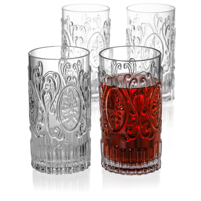 Red Co. Set of 4 Unbreakable Reusable Acrylic Vintage Embossed 20 Fl Oz Highball Tumblers, Clear