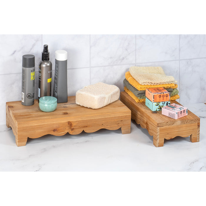 Red Co. Set of 2 Decorative 15.75” to 12.75” Rustic Wooden Stackable Pedestal Stands, Natural Brown