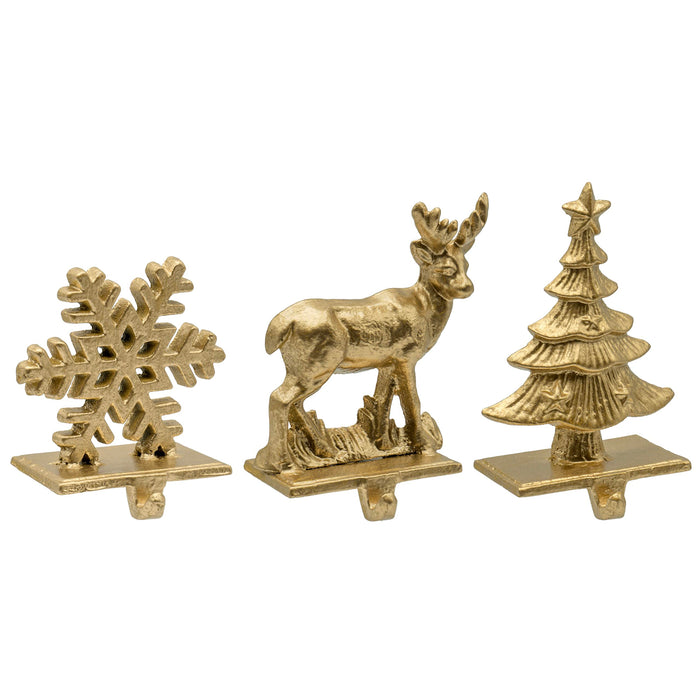 Red Co. Set of 3 Snowflake, Reindeer & Christmas Tree Decorative Cast Iron Stocking Holders in Old Gold Finish