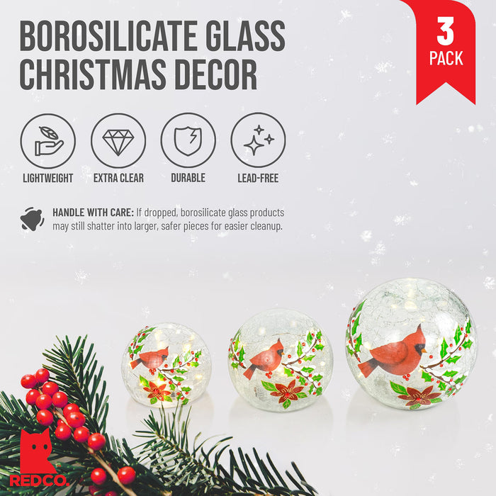 Red Co. Set of 3 (6”, 5”, 4”) Clear Glass Light-Up Decorative Tabletop Christmas Ball Figurine with LED Lights, Cardinal Bird