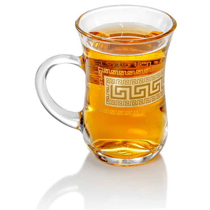Red Co. Set of 6 Decorated Clear Glass 5 Fl Oz Turkish Tea Cups with Golden Greek Key Pattern and Handle