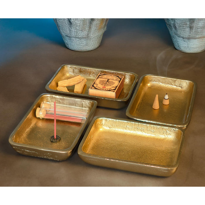 Red Co. Set of 4 Decorative 6” x 4” Small Textured Metal Rectangular Organizing Decorative Trays, Antique Gold