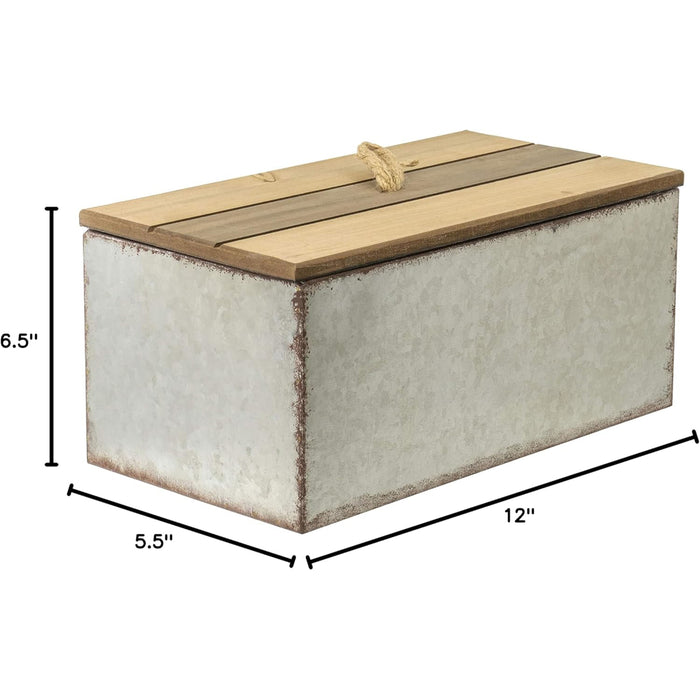 Red Co. Rustic Galvanized Metal Storage Box with Wooden Lid 12"W x 6.5"D - Country Style