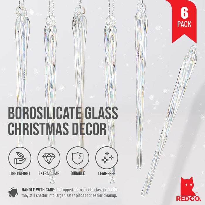 Red Co. Set of 6 Decorative 5.5” Glass Twisted Icicle Hanging Christmas Tree Ornaments, Iridescent Clear