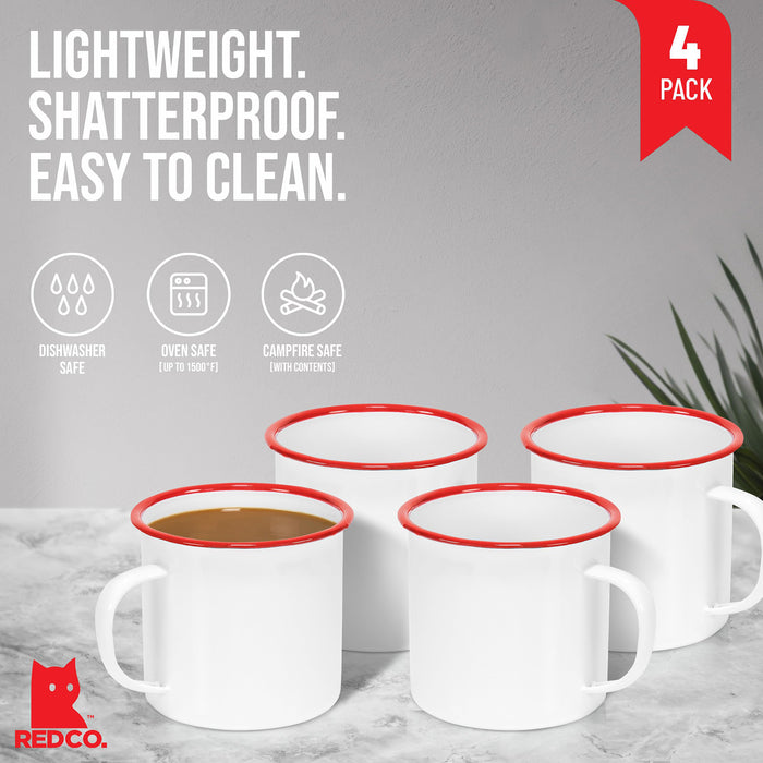 Red Co. Set of 4 Enamelware Metal Large Classic 22 Oz Round Coffee and Tea Mug with Handle, Solid White/Red Rim