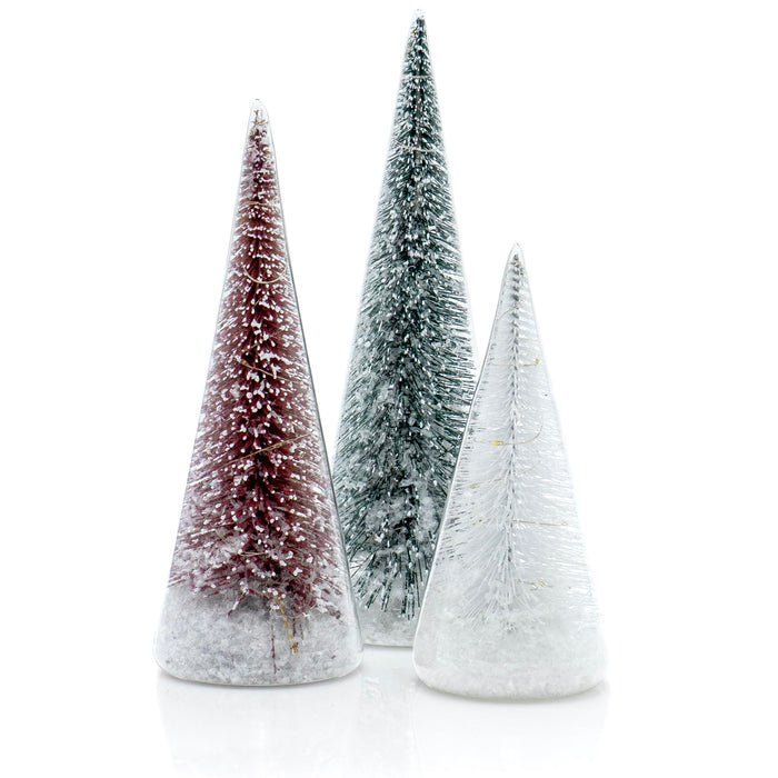Red Co. Set of 3 (10”, 9”, 7”) Clear Glass Light-Up Decorative Tabletop Christmas Tree Holiday Figurine with LED Lights, Tinsel & Snow