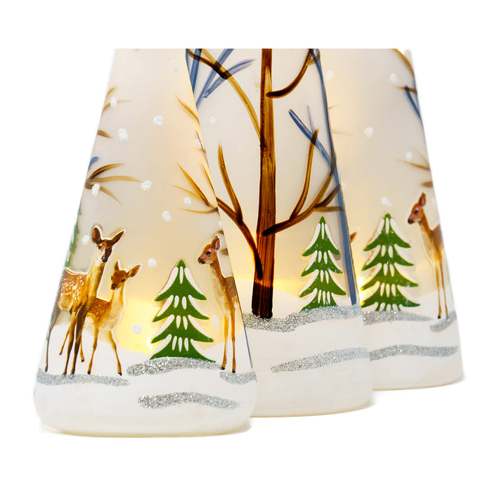 Red Co. , 11”, 9.5”, and 8” Glass Christmas Tree Figurine Ornaments with LED Lights, Light-Up Holiday Season Décor – Deer in Snowy Woods – Set of 3 Sizes