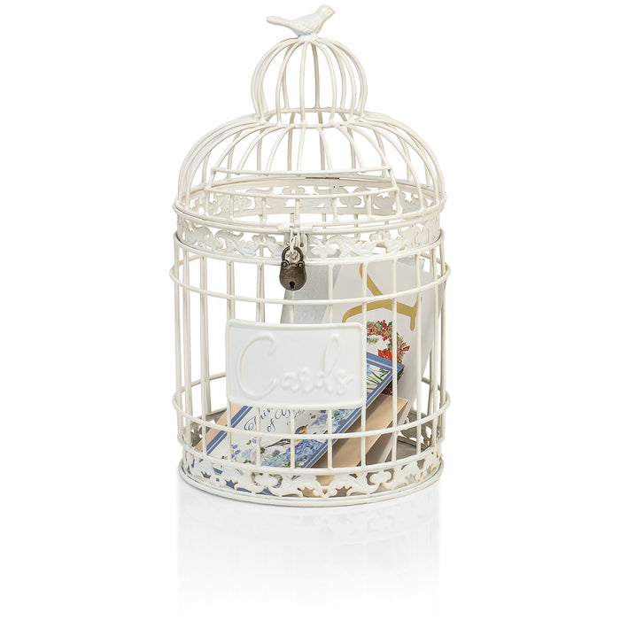 Red Co. 9.5” Dia Round Decorative Rustic Lockable Metal Birdcage Wedding Card Holder, White