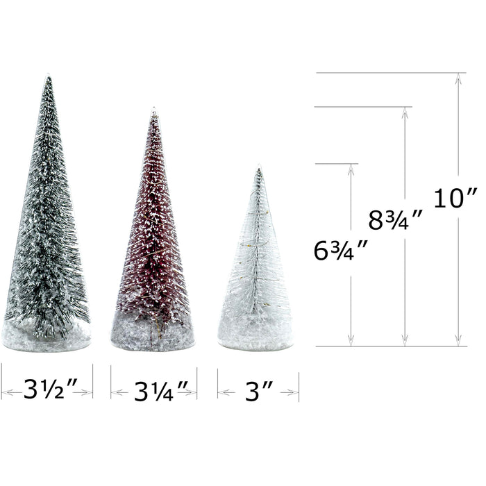 Red Co. Set of 3 (10”, 9”, 7”) Clear Glass Light-Up Decorative Tabletop Christmas Tree Holiday Figurine with LED Lights, Tinsel & Snow