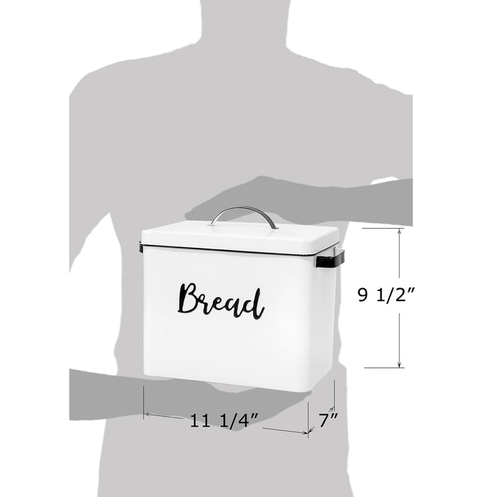 Red Co. 11” x 9.5” Distressed White Metal Bread Storage Box with Black Lettering, Lid and Handles