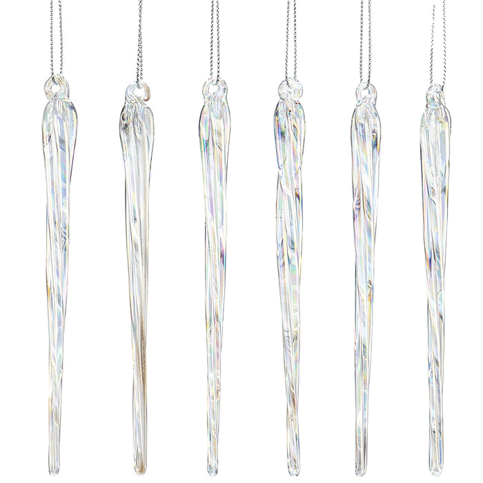 Red Co. Set of 6 Decorative 5.5” Glass Twisted Icicle Hanging Christmas Tree Ornaments, Iridescent Clear