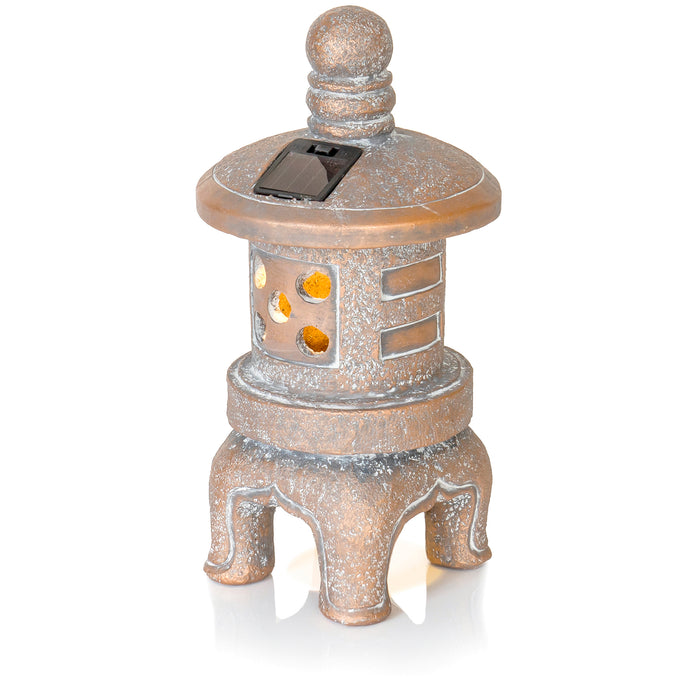 Red Co. 11” Solar-Powered LED Round Pagoda Lantern Asian Décor Zen Garden Statue, Distressed Gold