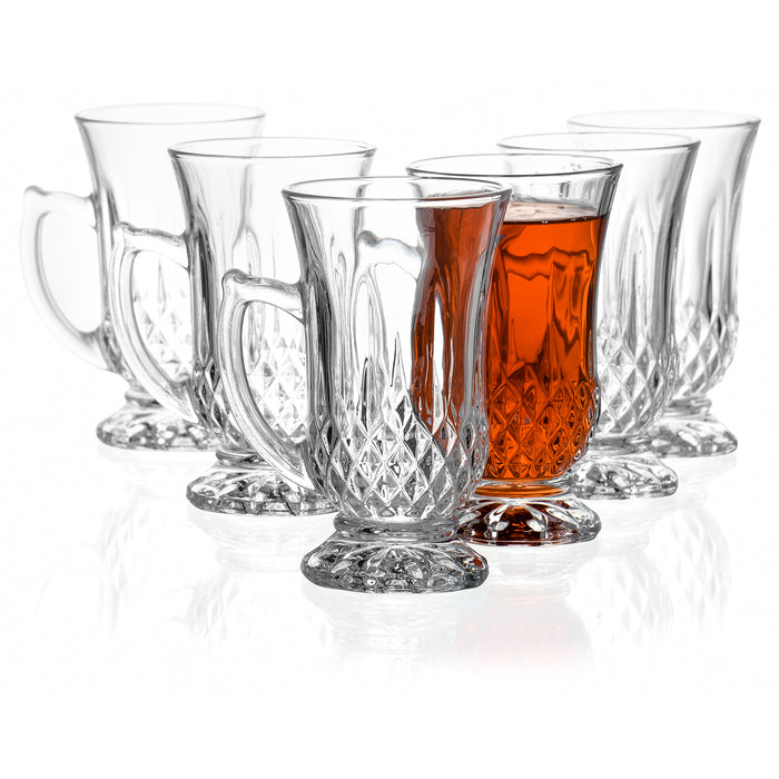Red Co. 6-Pack Classic Clear Cut Glass 4.5 Oz Footed Turkish Tea Cups with Handles, Etched Design
