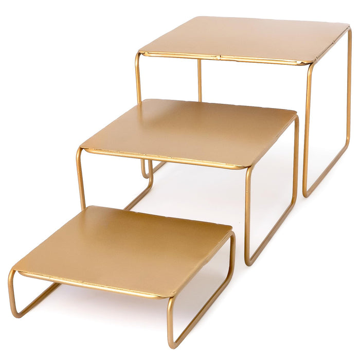 Red Co. 3-Piece Set (6”, 7”, 8”) Modern Decorative Metal Nesting Square Tabletop Display Stand Risers, Gold