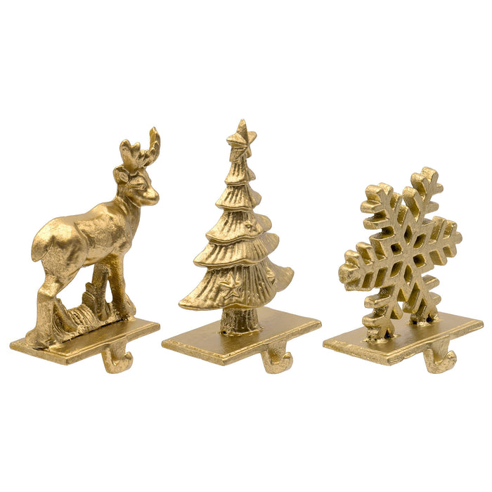 Red Co. Set of 3 Snowflake, Reindeer & Christmas Tree Decorative Cast Iron Stocking Holders in Old Gold Finish