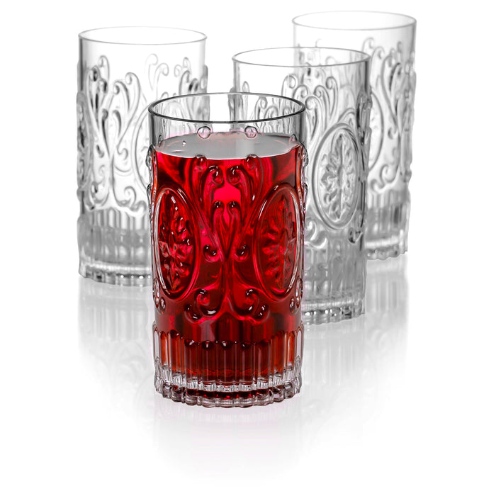 Red Co. Set of 4 Unbreakable Reusable Acrylic Vintage Embossed 20 Fl Oz Highball Tumblers, Clear