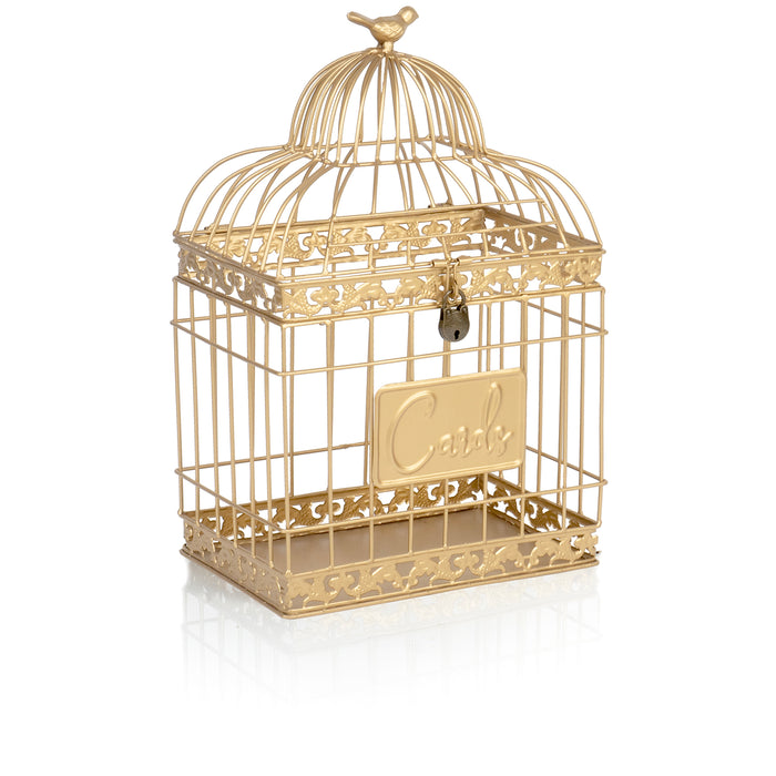 Red Co. 15.5” Tall Rectangular Decorative Lockable Metal Birdcage Wedding Card Holder, Gold