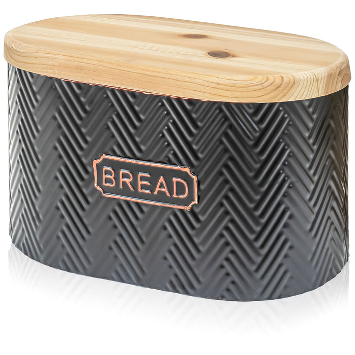 Red Co. 11.25” x 7.25” Pre-Labeled Metal Embossed Bread Container Box with Wooden Lid, Black