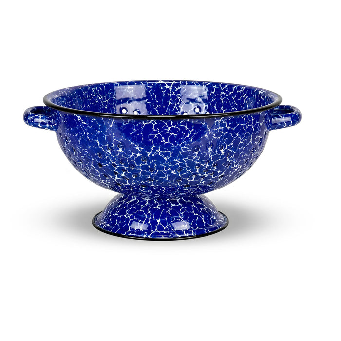 Red Co. Enamelware Metal Classic 10.5 Inch Round Food Strainer Colander with Two Handles, Navy Blue Marble/Black Rim – Splatter Design
