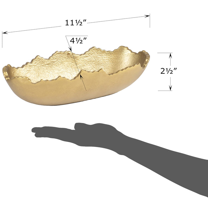 Red Co. 11.5” x 4.5” Elongated Oval Decorative Asymmetrical Torn Textured Metal Centerpiece Tray with Sculpted Edges, Old Gold
