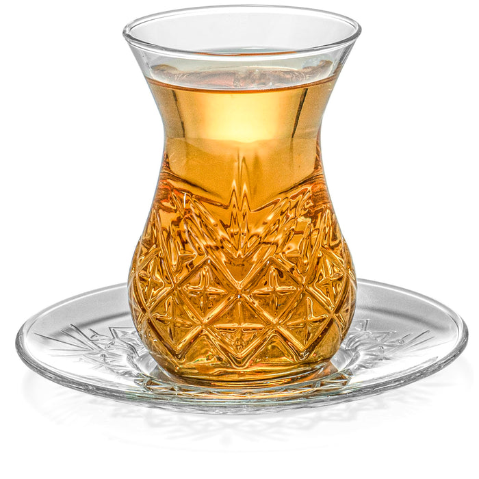 Red Co. Set of 6 Tulip Shaped 6 Fl Oz Cut Glass Turkish Tea Cups with Saucers, Clear