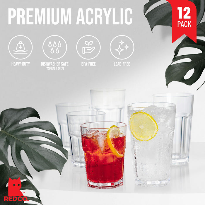 Red Co. Set of 12 Heavy Duty Clear Classic Acrylic Outdoor Mixed Drinkware Rocks Tumblers, 14 Fl Oz Lowball and 20 Fl Oz Highball Glasses