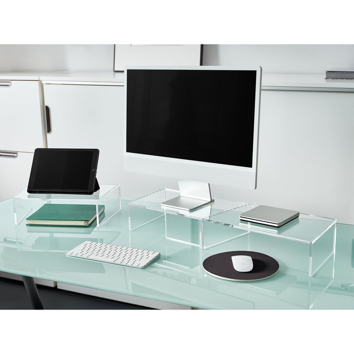 Red Co. Set of 3 Modern Clear Acrylic Desktop Computer Monitor Stands with Adjustable Length & Angle, 14.7” x 9” x 4”