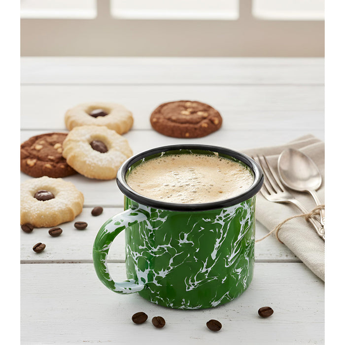 Red Co. Set of 6 Enamelware Metal Medium Classic 12 Oz Round Coffee and Tea Mug with Handle, Dark Green Marble/Black Rim – Splatter Design